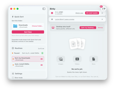 Binky main window with Quick Sort for Downloads and routines in the sidebar