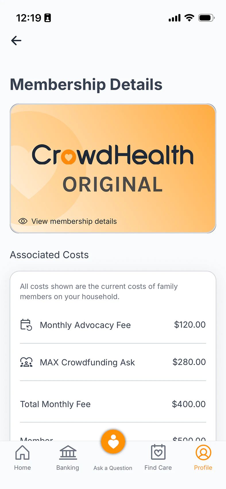 The current membership details screen