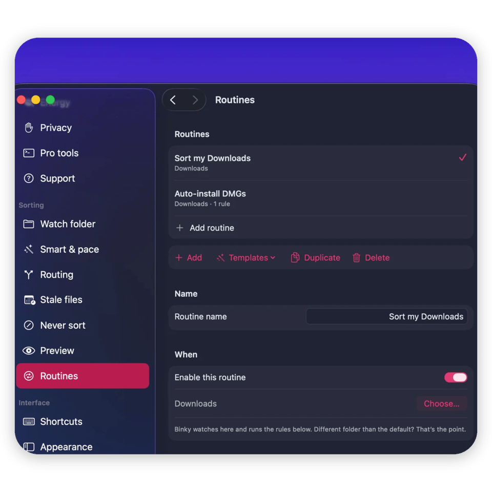Binky Routines settings with the Sort my Downloads routine, its name, and when it runs