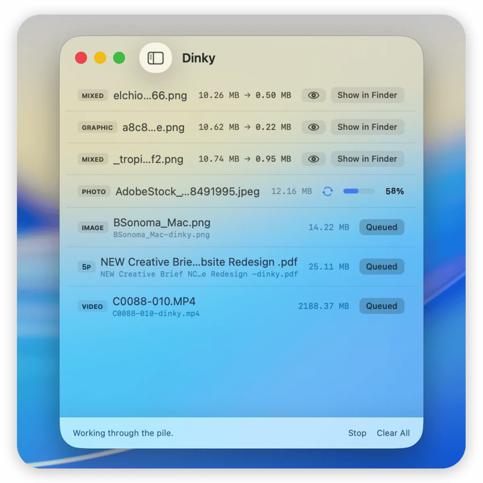 Dinky queue listing mixed images, PDFs, and video with original and compressed sizes
