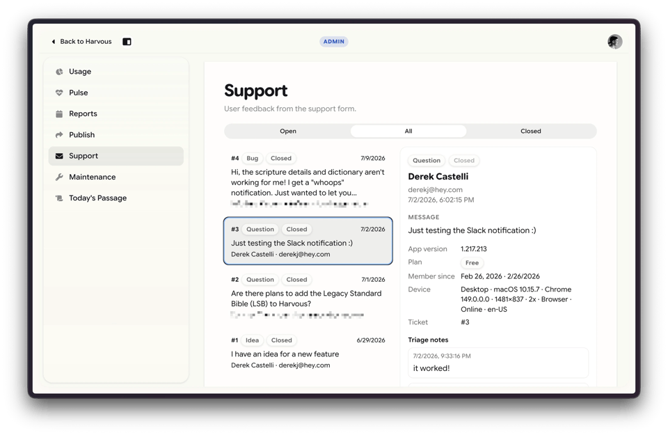 Harvous admin Support inbox with ticket list, selected question from Derek Castelli, device context, and triage notes