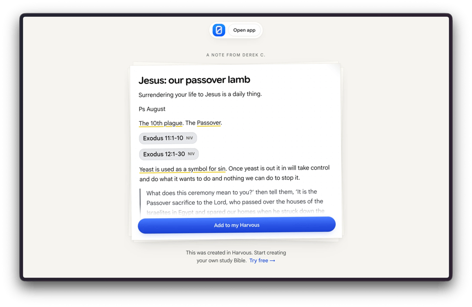 A shared Harvous note page for Jesus: our passover lamb with Open app and Add to my Harvous actions