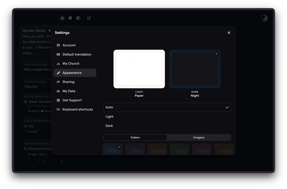 Harvous Appearance settings with Light Paper and Dark Night theme previews, Auto mode, and accent color swatches