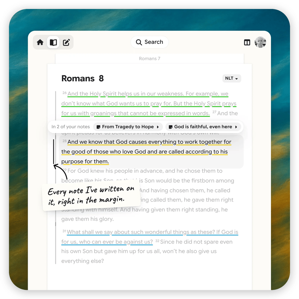 Romans 8 open beside the notes written on it, with linked notes shown in the margin