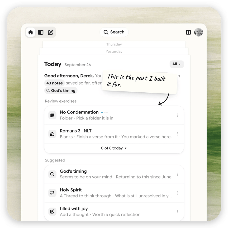 Harvous Today view with a personalized greeting, review exercises, and suggested threads to return to