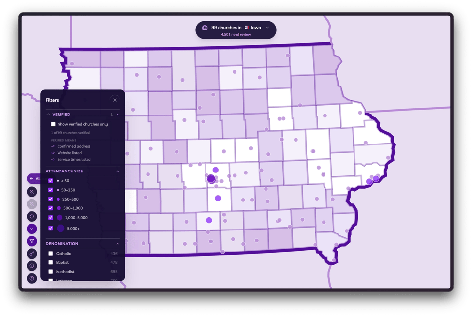 Iowa map with Filters open — verified criteria and attendance size ranges controlling which churches show