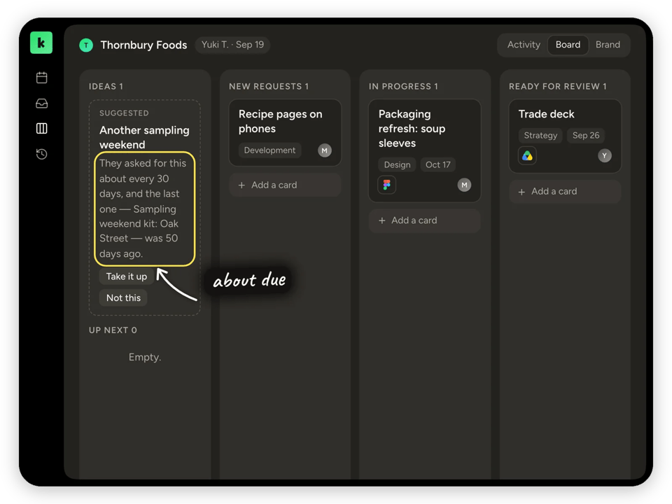 A board with a suggested card noticing a recurring request is about due
