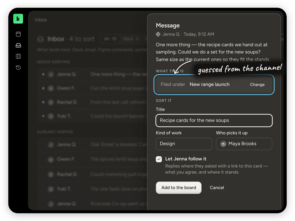 Sorting a Slack message into a card with a title, kind of work, and owner