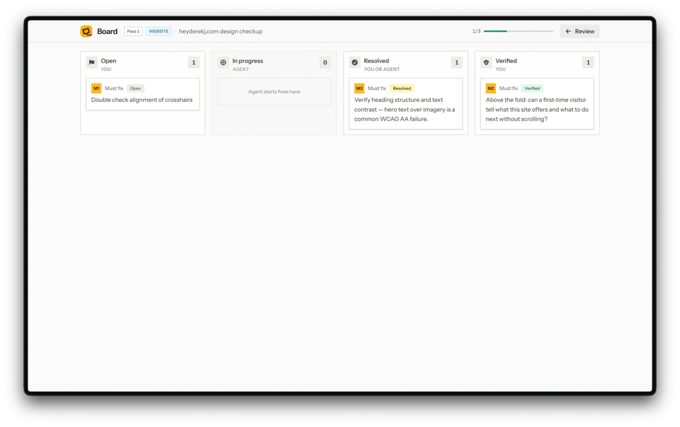 ReviseMy Board with Open, In progress, Resolved, and Verified columns for a design checkup