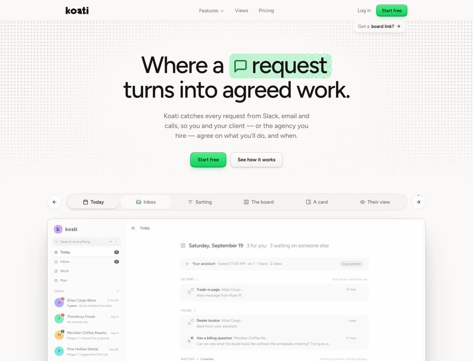 Koati's first site: a centered headline, 'Where a request turns into agreed work', over a tour of the app