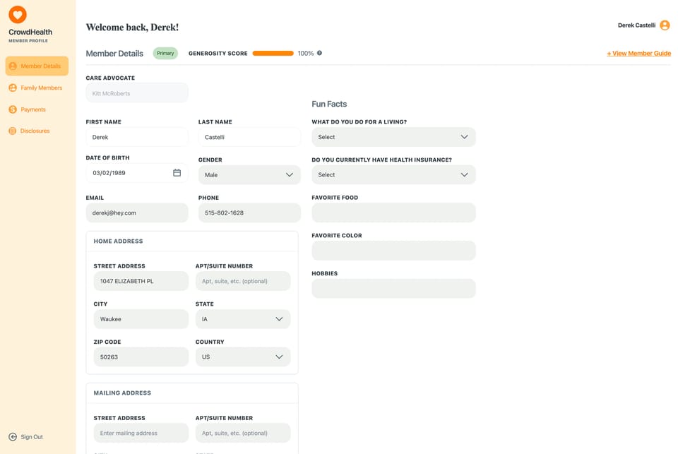 The current member dashboard on desktop